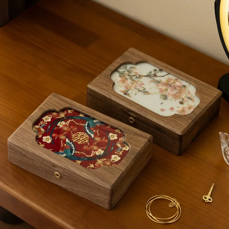 Embroidered Jewelry Storage Box with Lock Solid Wood New Chinese Style Birthday Wedding Gift Home Decor Organizer Supplies