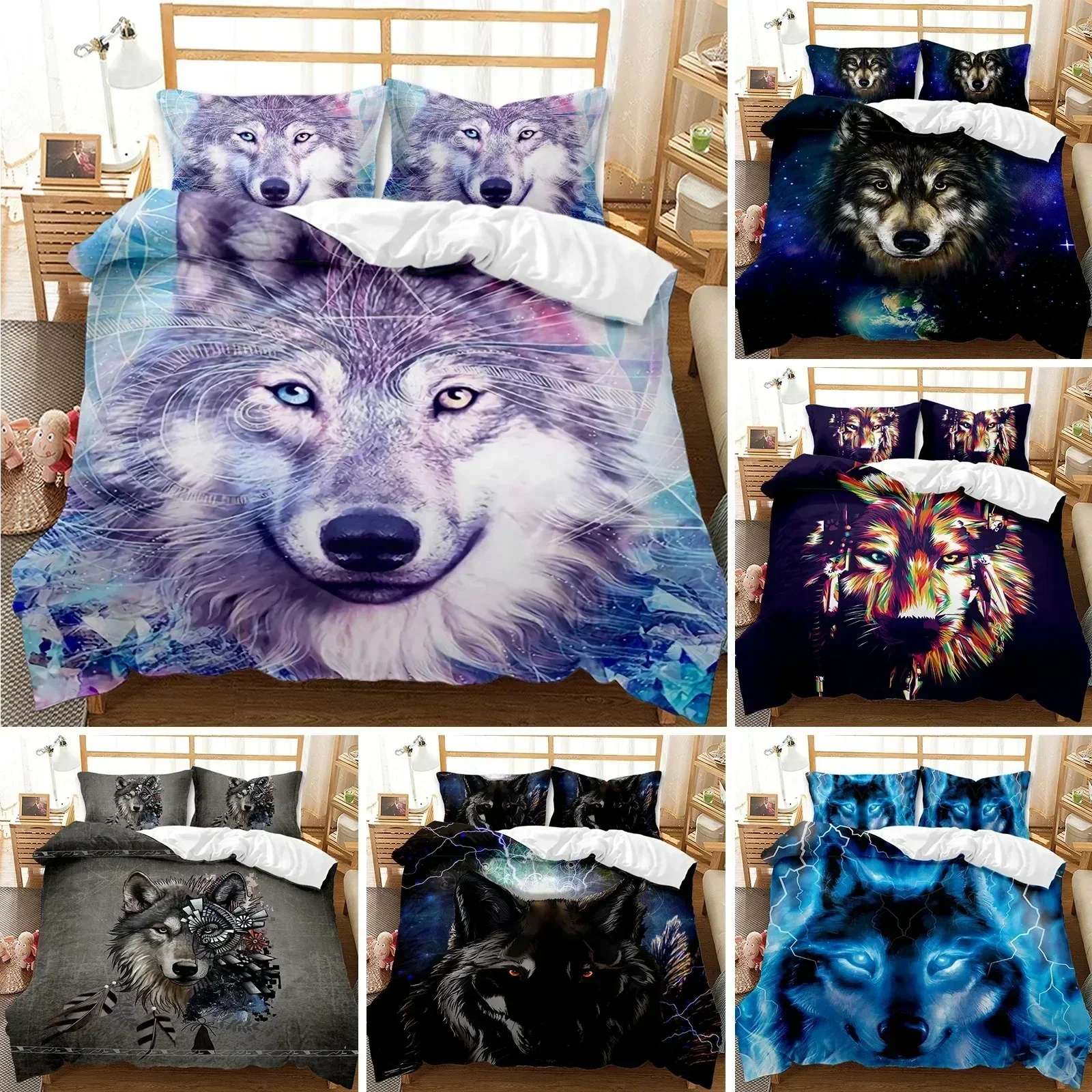New Wolf Duvet Cover Set Pattern Bedding Set Cool Wildlife Comforter Cover Glitter Blue Wild Wolf Polyester Qulit Cover size