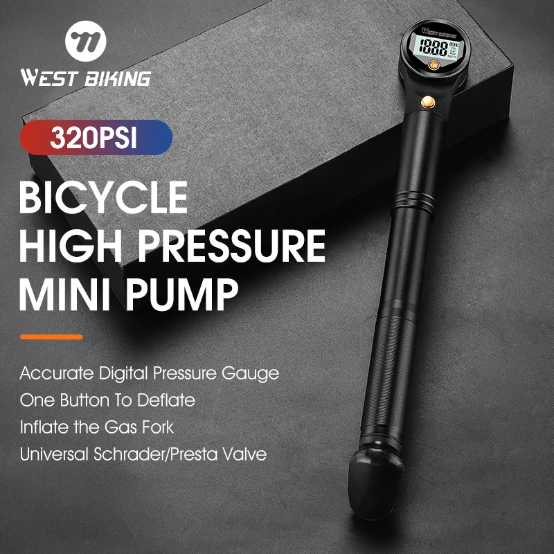 WEST BIKING Bike Tire Shock Pump Mini Hand Bike Fork Pump Portable 320psi Bicycle Air Pump with Pressure Presta Schrader Valves