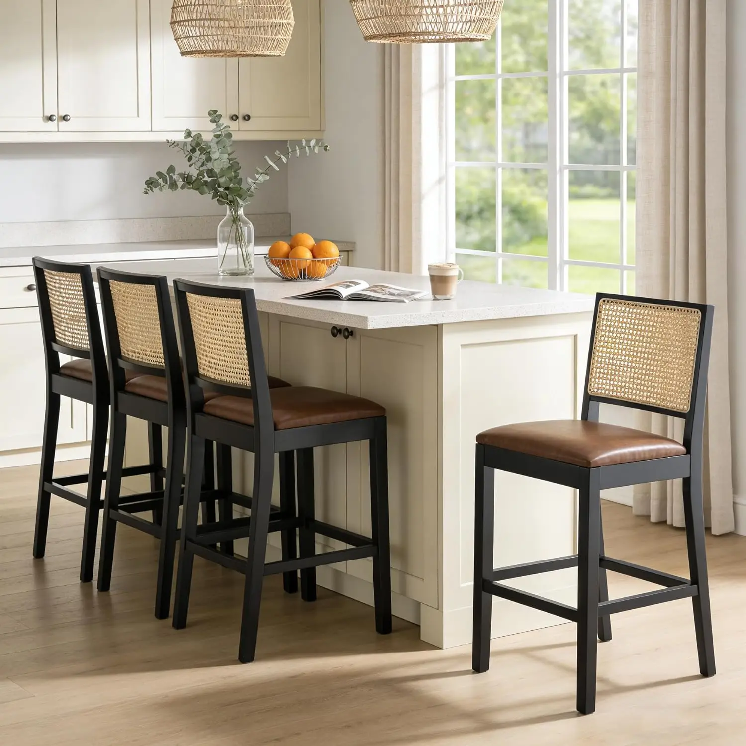 

26in Rattan Counter Height Bar Stools Set of 4 Faux Leather Cane Back Wood Legs Farmhouse Kitchen Island Chair Brown, Customized