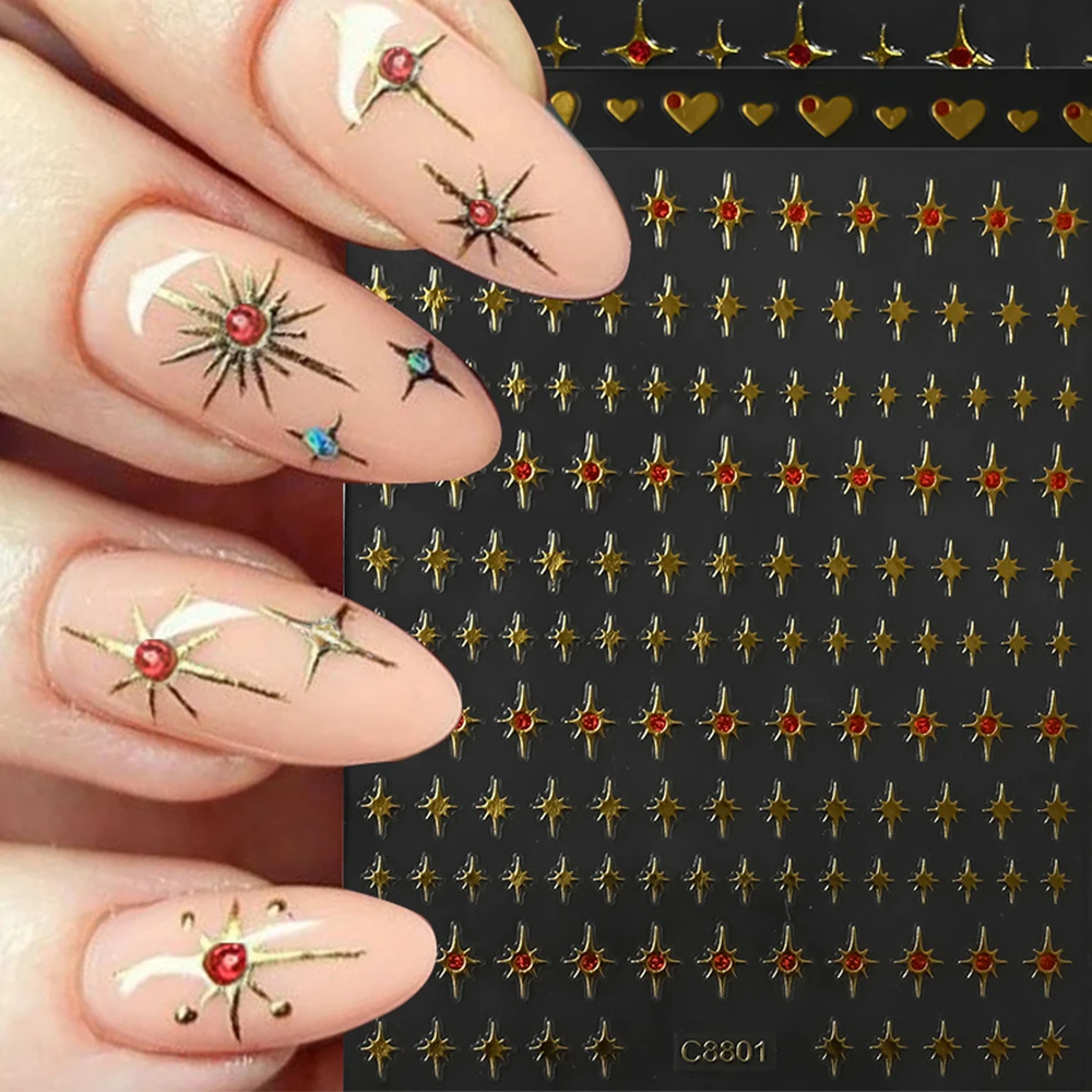 1pc Diamond Cross Starlight Nail Sticker Glossychic Gold Star Y2K Adhesive Decals Bronzing Laser Bow/Heart Manicure Sliders