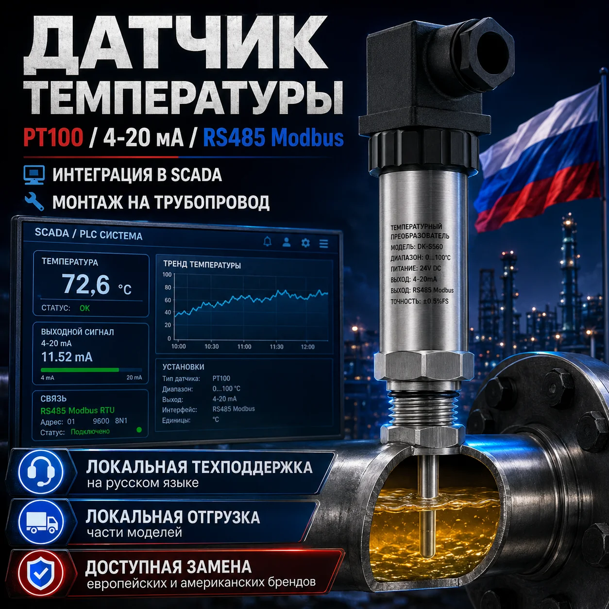 Integrated Pt100 Temperature Sensor and Transmitter Industrial Resistance Temperature Transmitter 4-20Ma 0-10V Rs485