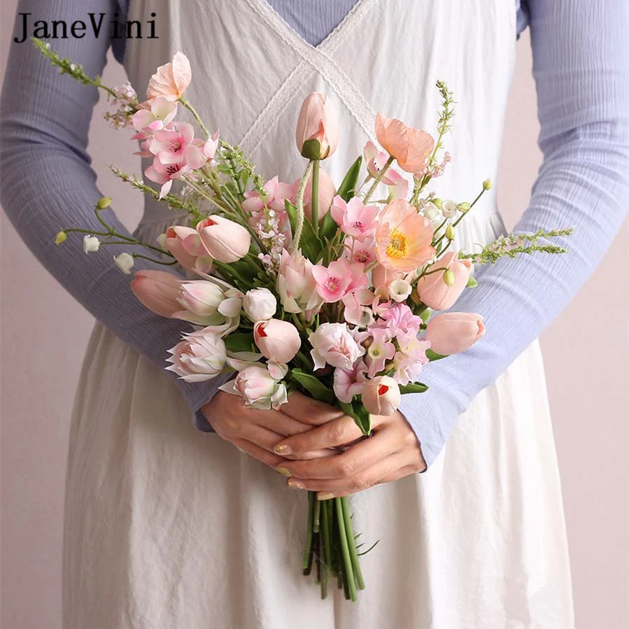 JaneVini 2022 Spring Bridal Bouquets Artificial Silk Roses Bride Holding Flowers Romantic Pink Tulip Wedding Bouquet Accessories