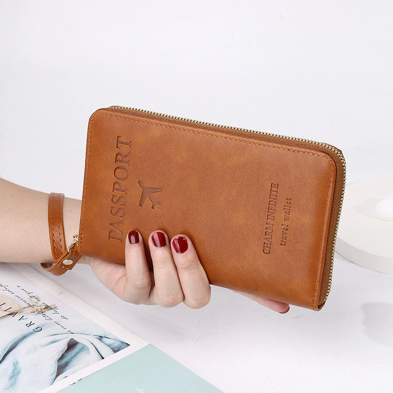 Unisex Men Women Zipper Travel Multi-Function Passport Holder Cover Case Wallet PU Leather Ticket Protective Travel Accessories