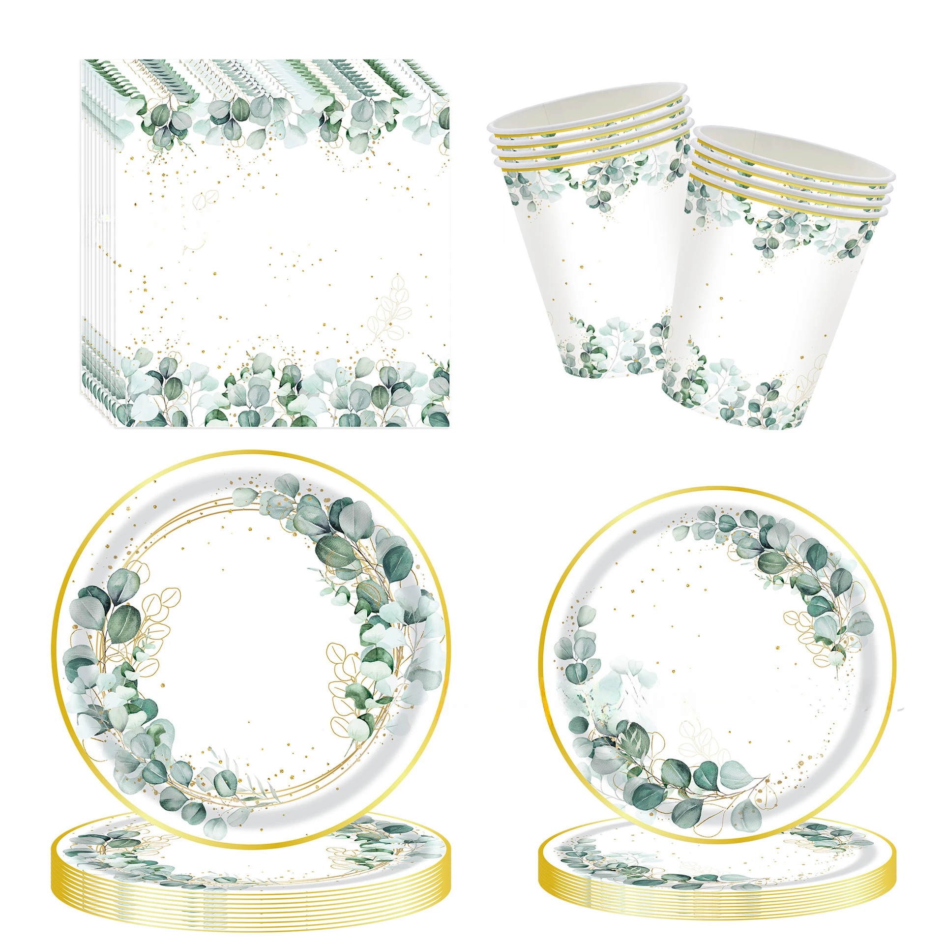Assiette en papier de sauge, feuille d'eucalyptus minimaliste, tasse en papier, nappe jetable, décoration de fête de mariage, d'anniversaire, 20 pièces