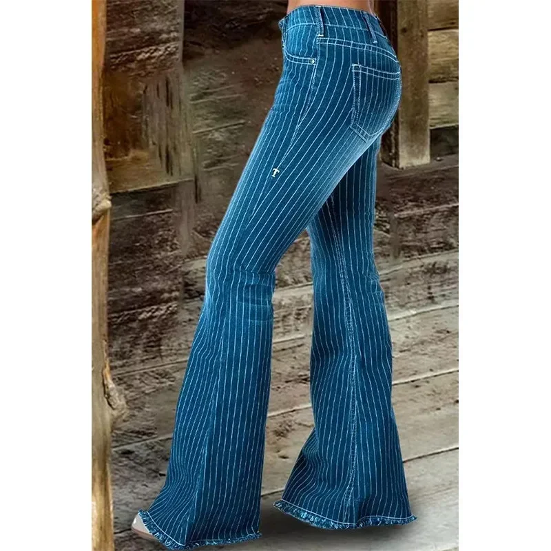 Jean à rayures femmes taille moyenne pantalon évasé dames pantalon femme décontracté mince été bouton haute élasticité élégant bureau dame
