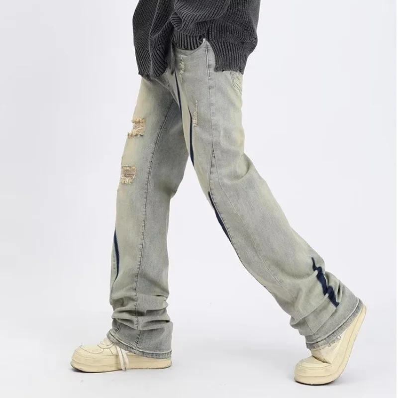 

Spring Autumn Large Size 300 Pounds Youthful Color Block Hole Fashion Drawstring Style Men's Loose Fat Straight Tube Jeans