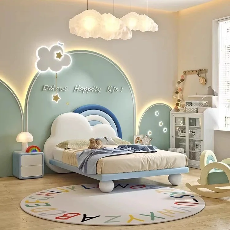 

！@Hot Sale Modern Rainbow Kids Beds Blue Cloud Girl Wooden Frame Up-Holstered Bedroom Furniture Boy High Quality Soft Child Bed