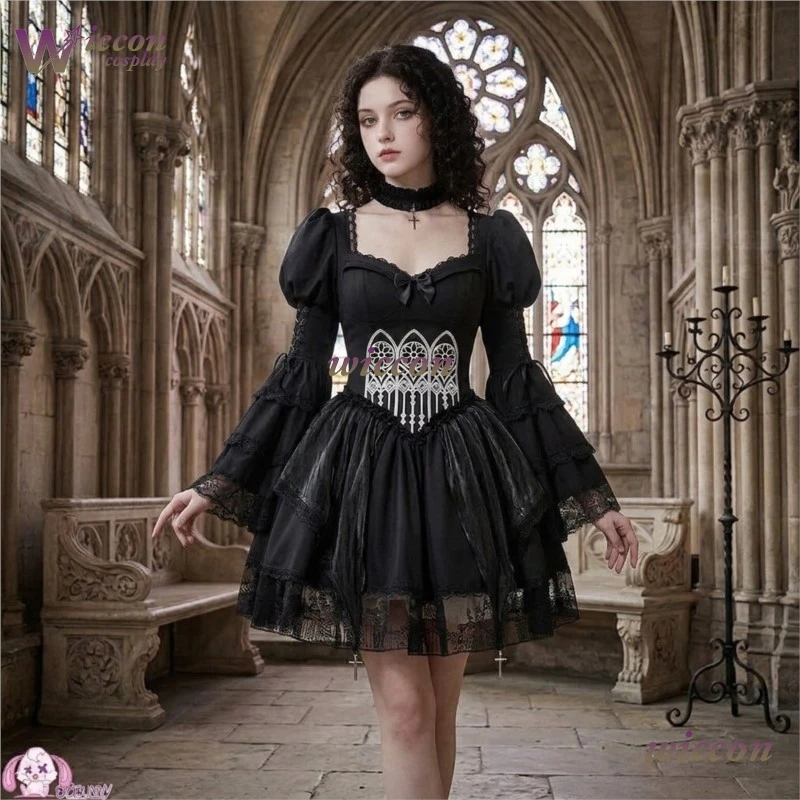

hxioa/ Gothic Church Bell Victoria Dark Retro Lolita Dress Bubble Sleeve Game Roleplay Female Costume Hallowen Party Performance