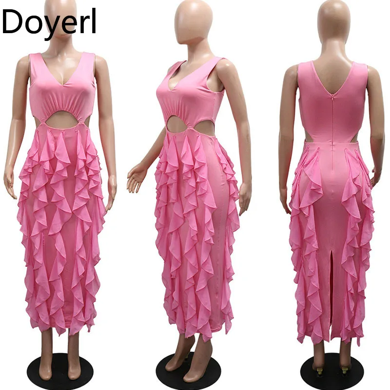 Doyerl Elegante abito lungo aderente scollato da donna Club Wear Canotta da festa senza maniche con scollo a V Guaina con volant Abiti lunghi di mezzanotte