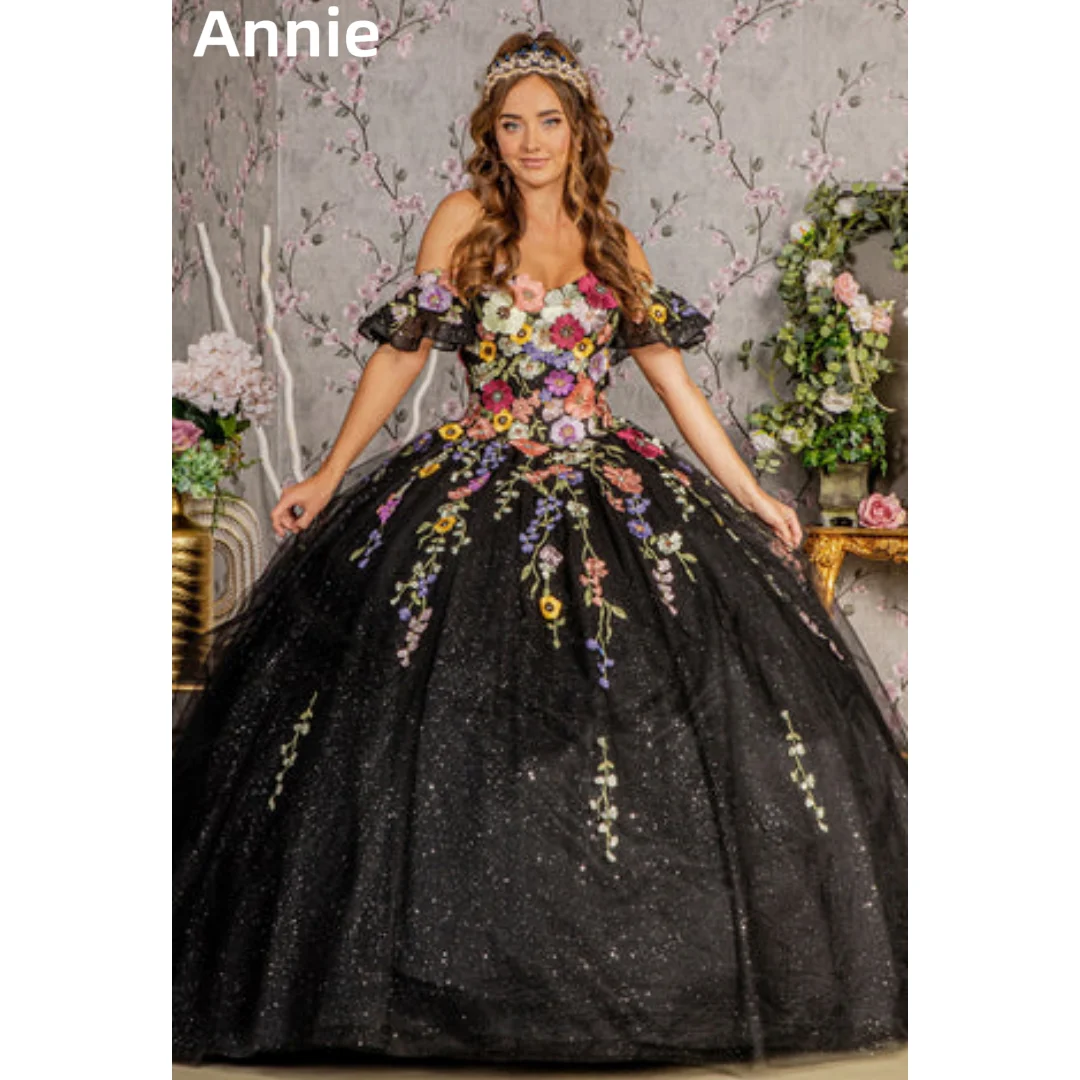 Annie Black Elegant Wedding Dress Luxury Embroidery Flower Princess Prom Dresses Glitter Tulle Women's Bespoke Occasion Dresses