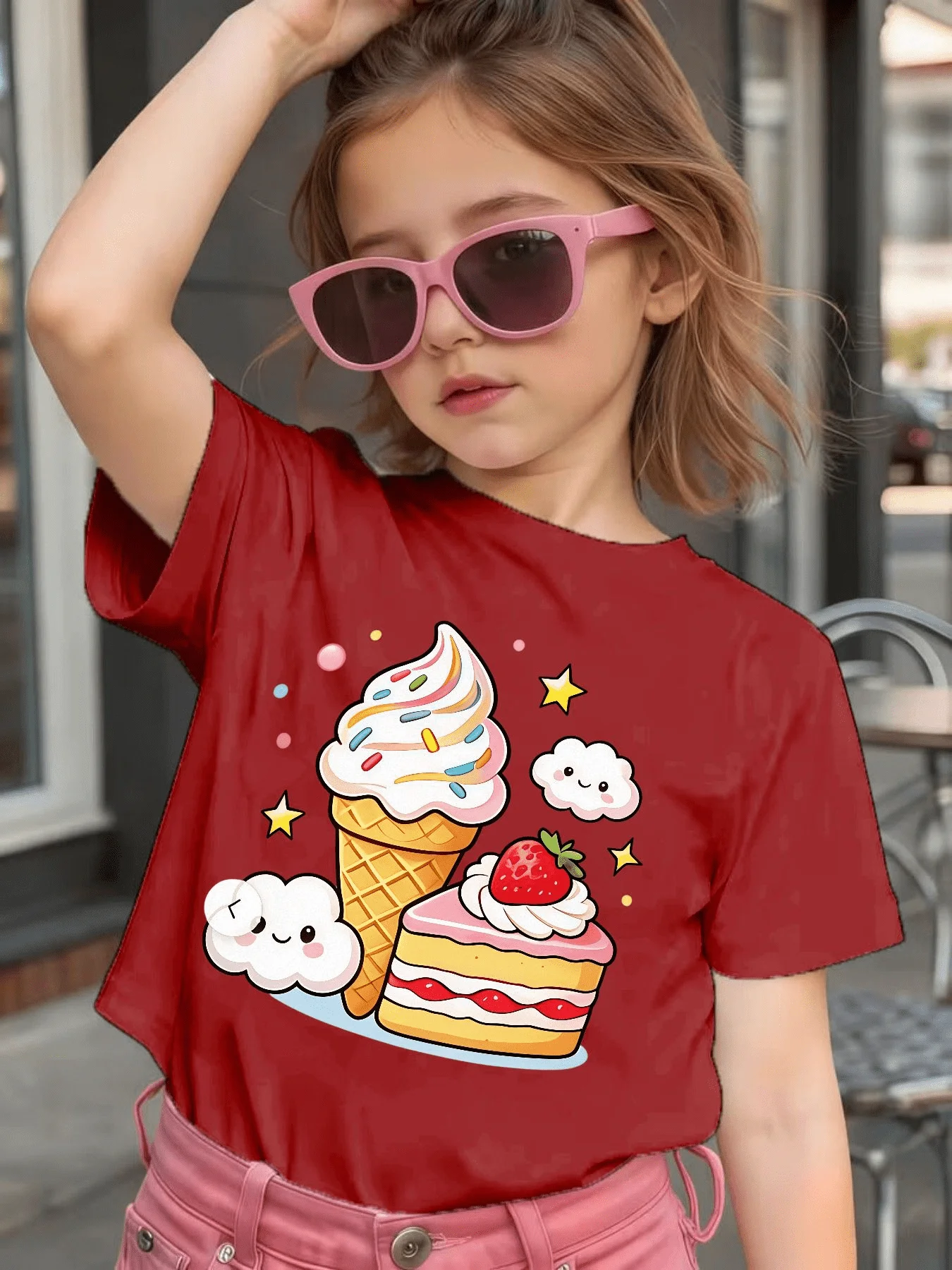 Cute Cartoon Cake Ice Cream Cloud Star Print Kids T Shirt Boys Girls Family Match Cotton Short Sleeve Summer  Casual Basic Wear
