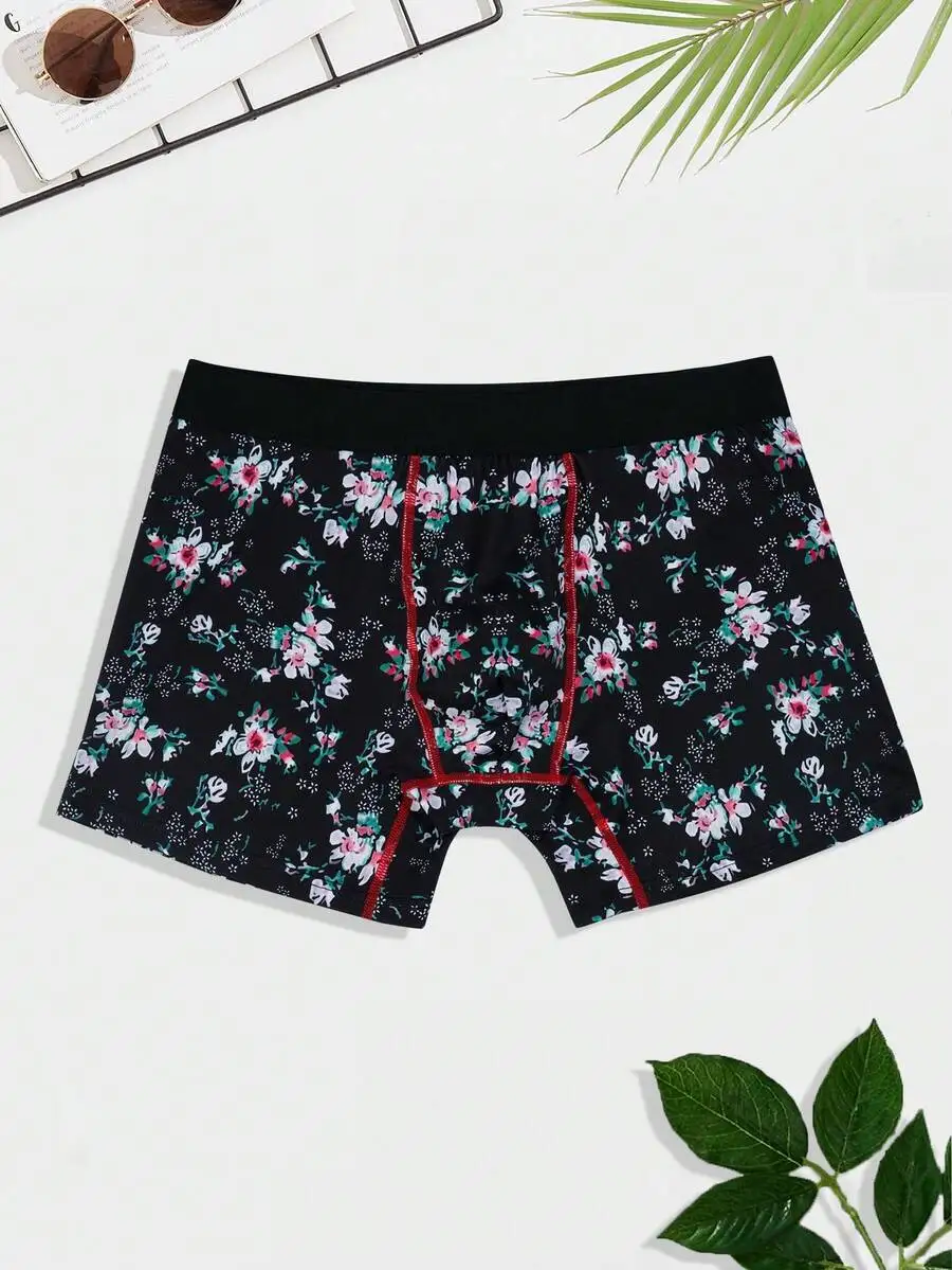 

Men Floral Print Boxer Briefs With Contrast Topstitching Tape