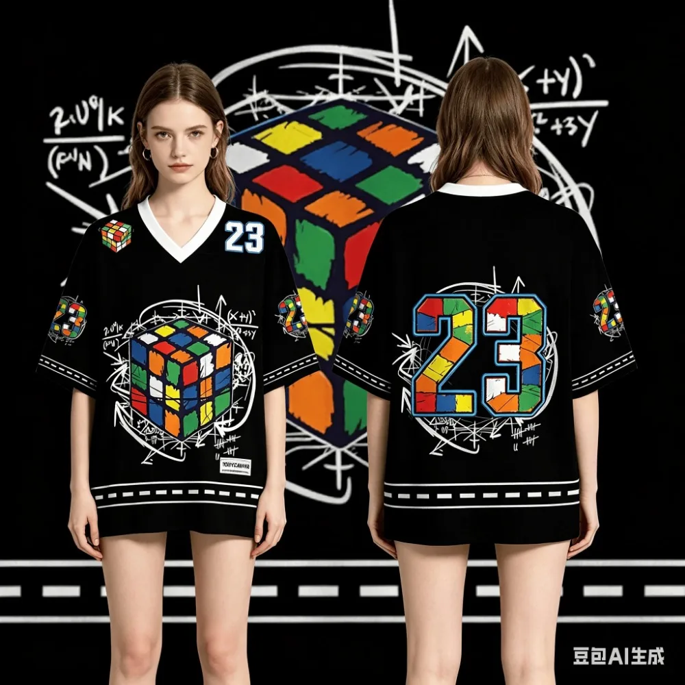Summer Fashion New Design Japanese Magic Cube Graffiti 3DPrint Men Women's V-Neck Sports TShirt Street Y2K Style Family Clothing