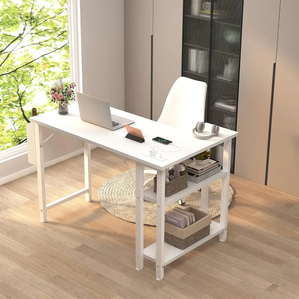 Lufeiya White L Shaped Computer Desk with Power Outlet Shelves, 40 Inch Small Corner Desk for Small Space Home Office