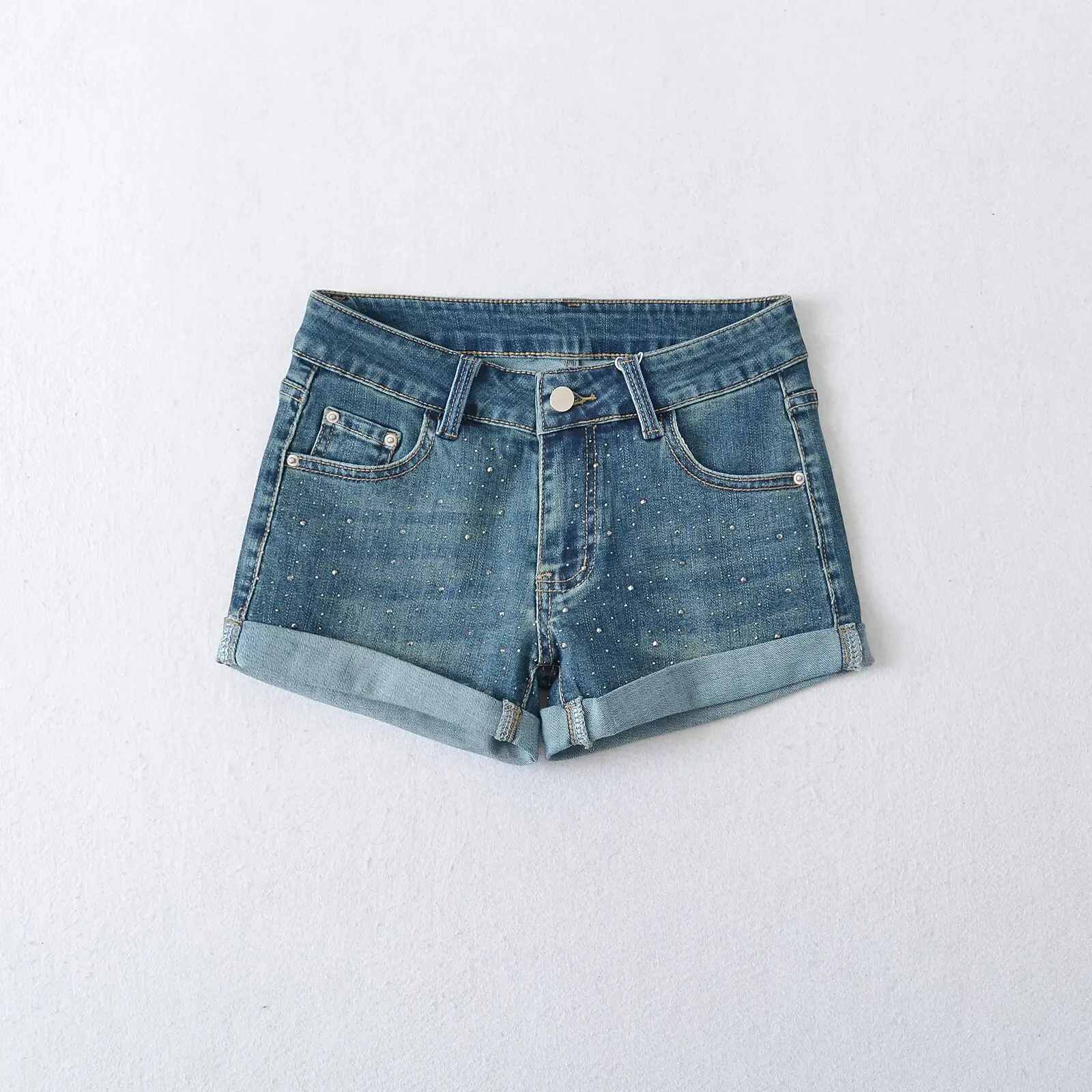 Sexy Slim Fit Denim Shorts Diamond Decoration Pure Desire Blogger Photo Flip Cuff Leg Lengthening Low Waist Straight Leg Jeans