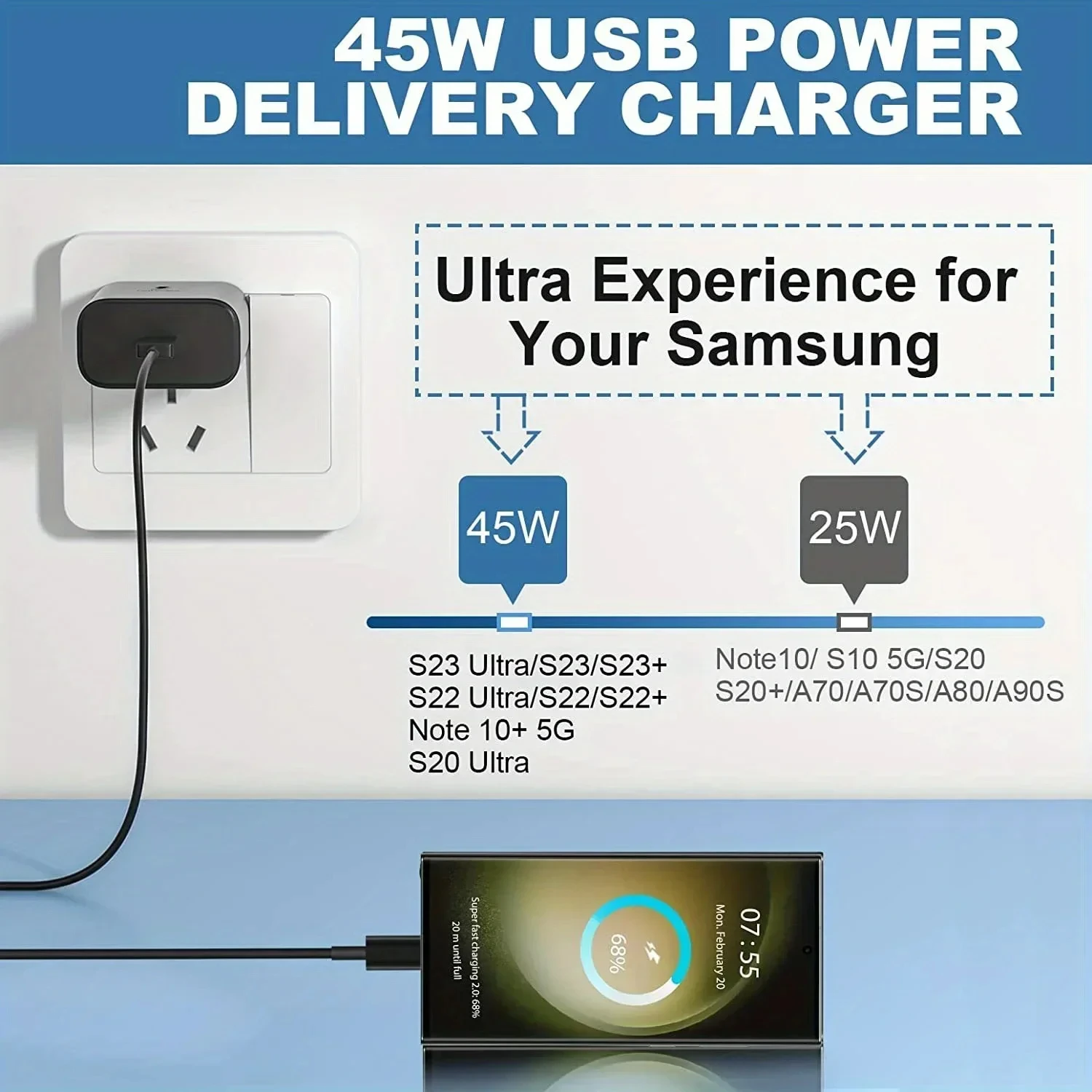 45w pd USB-C supers chn elles ladegerät für for samsung galaxy s25 s24 s23 ultra s22 s21 plus note 20 10 a55 a54 schnell lade typ c kabel – Detail 2