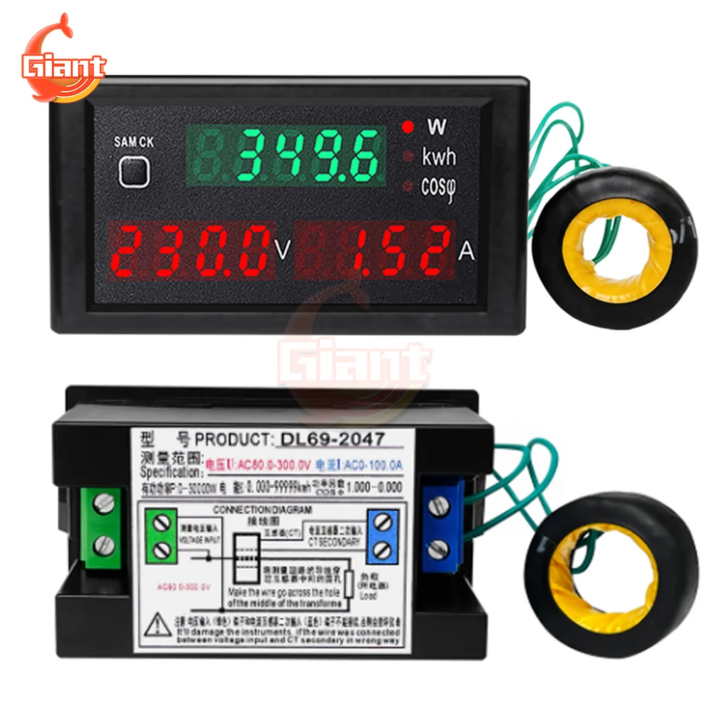 AC80-300V/AC200-450V Digital Voltmeter Ammeter 100A Voltage Current Watter Power Factor Monitor Power Supply Transformer