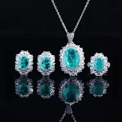 Silver Oval Shape Paraiba Tourmaline Gemstone Jewelry Set for Women Earring Ring Necklace Set Ladies Trendy Vintage Jewelry Gift