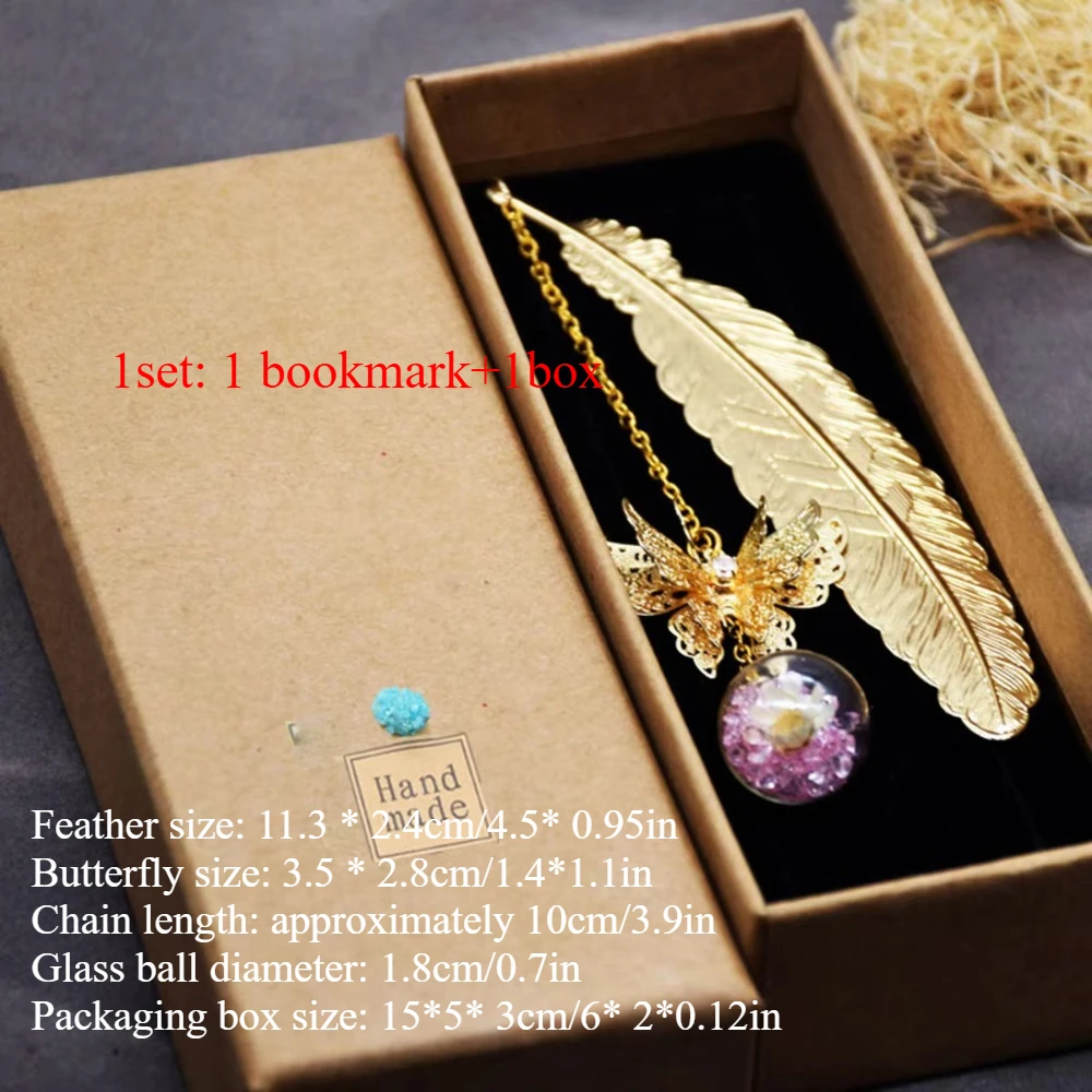 1Pcs Metal Feather Bookmark with Dried Flower Butterfly Boxed ,Teacher's Day Gift, Student Reading Accessory Creative Bookmark image 2