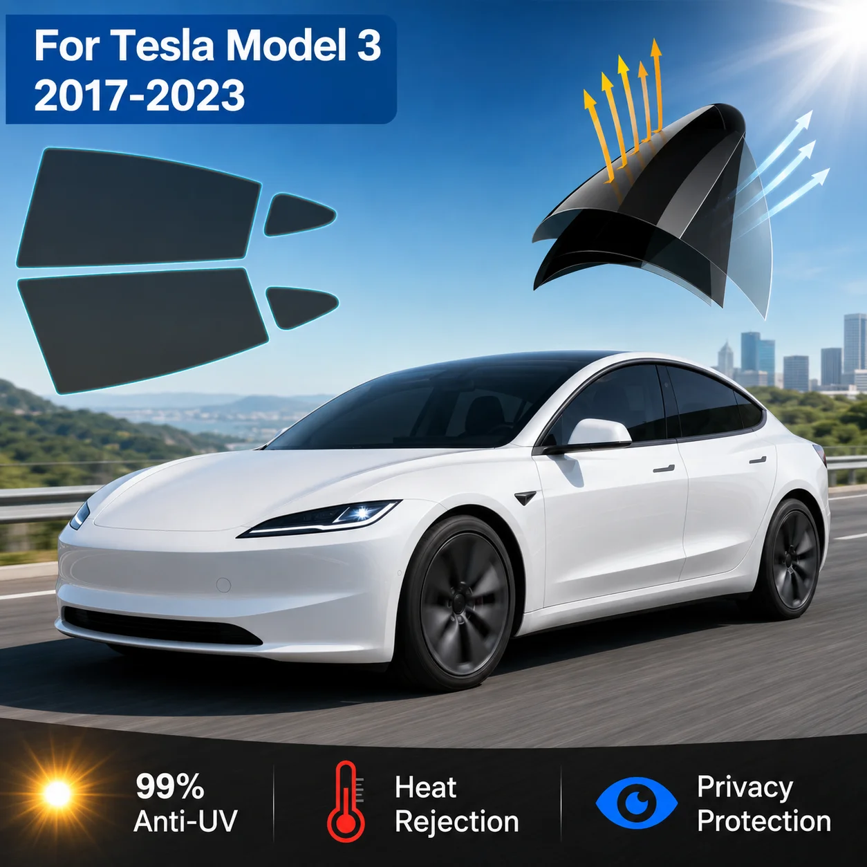 

For Tesla Model 3 2017-2023 Window Tint Film Solar UV Protection Heat Rejection Car Glass Sticker 99% Anti UV Auto Accessories
