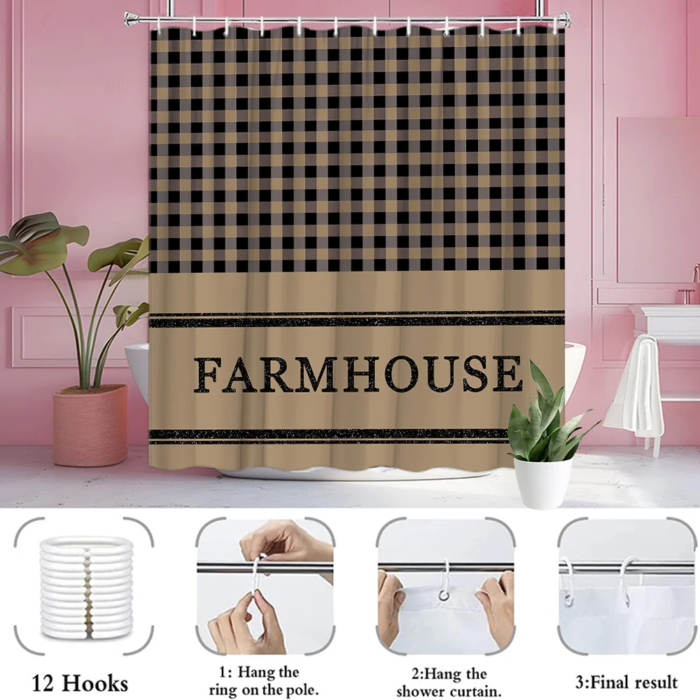 farmhouse plaid shower curtain black brown checkered pattern rustic country style bathroom decor with hooks easy to care for