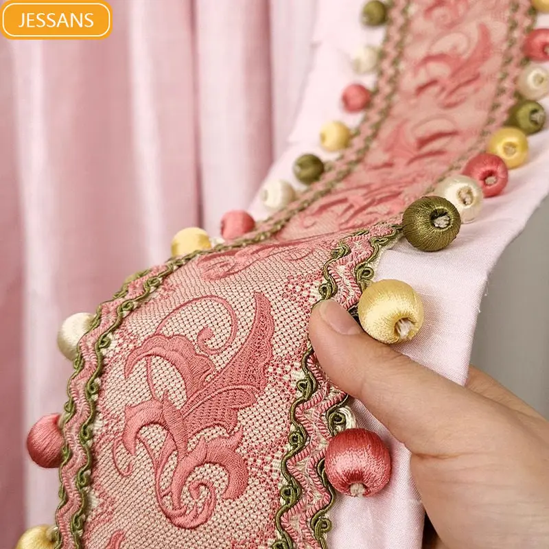 French Pink Velvet Lace Embroidery Lace Splicing Curtains for Living Room Bedroom French Window Villa Customized Finished