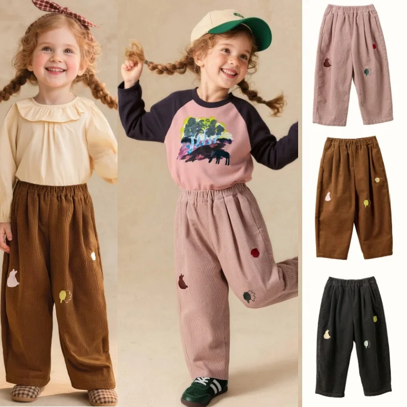 

Children's Pants 2025 Fall/Winter New Arrival Pink Embroidered Fashionable Girls' Casual Pants Pure Cotton Warm Wide-Leg Pants
