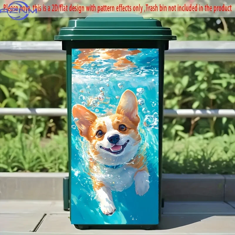 1pc 2D/Flat trash can sticker, .01*cm, swimming corgi dog design, adorable pet waterproof trash bin sticker, creative trash ca