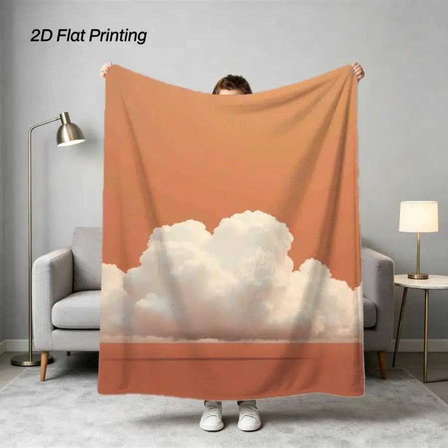 1pc of Serene Sky Flannel Blanket- Warm Orange Tones Paired with Fluffy Clouds, a Soft All-season Blanket Suitable for Home, Tra
