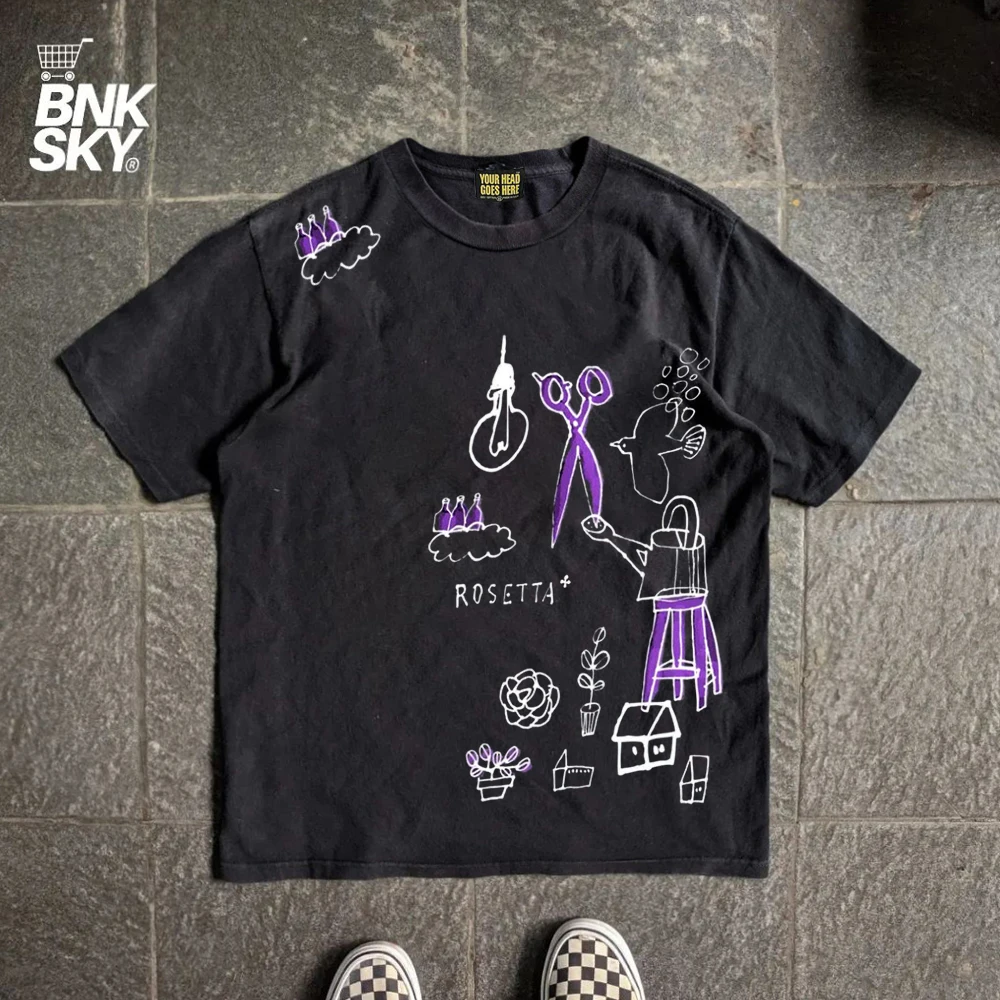 Lightweight High-density Graffiti Couple Short-sleeved T-shirt by Wang Studio 220G Thin Non-transparent Unique Design Streetwear