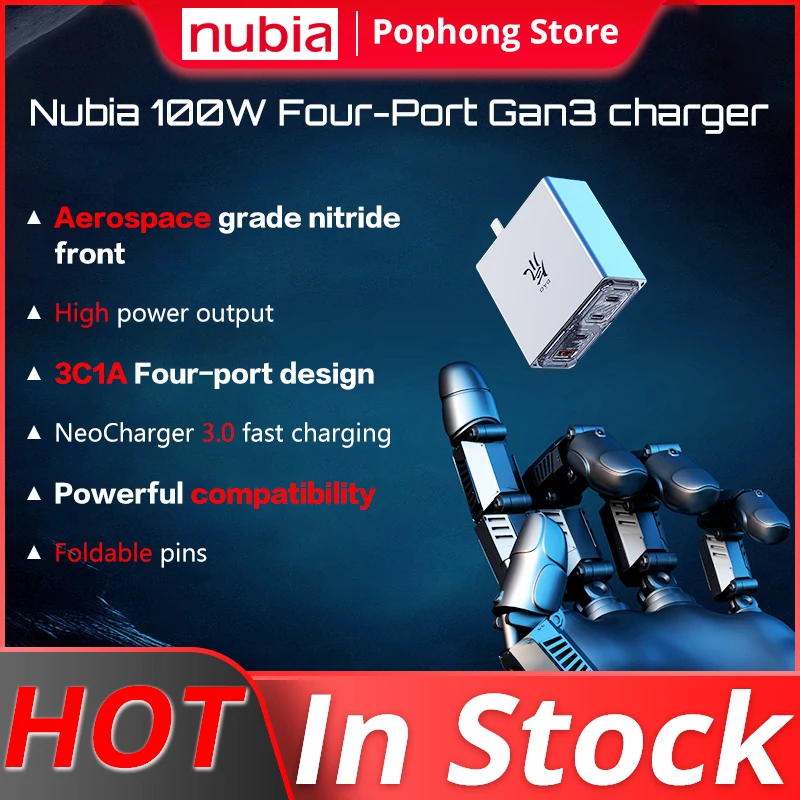 Nubia 100W 4Port GaN 3 Pro Dao PD Power Charger with 5A 100W Dual Type-C Data line Explore Edition Neo Charger 3.0