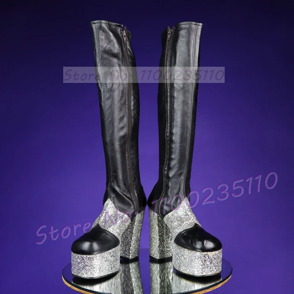 

Черные сапоги до колена с серебряным блеском на платформе, женские эластичные сапоги с круглым носком на массивном каблуке, стильные осенние длинные сапоги в стиле пэчворк