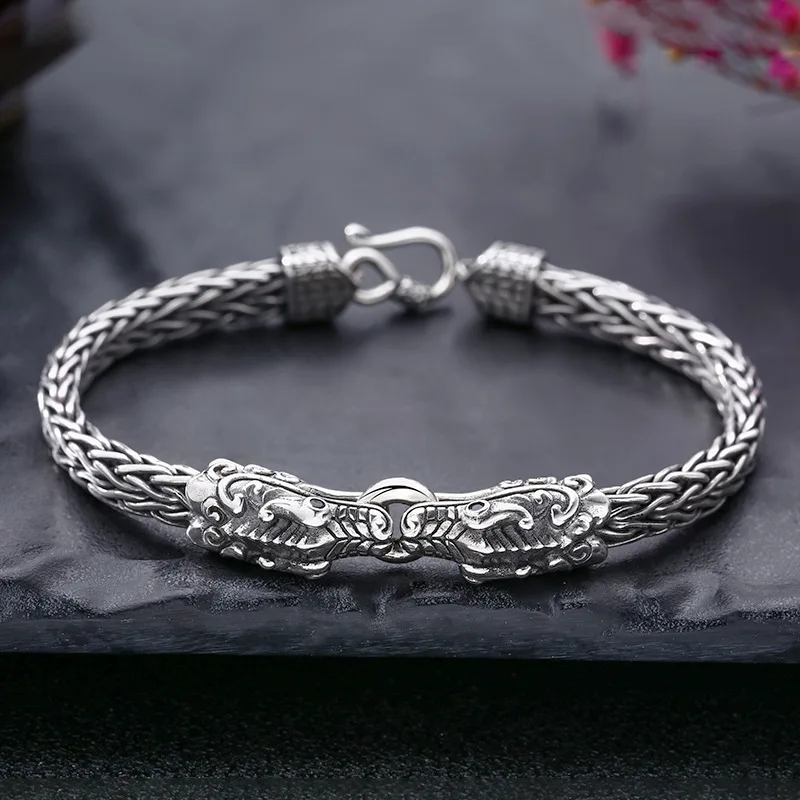 

Real 925 Sterling Silver Bracelet Women Men 6mm Vintage Crafts Twist Weave Link Dragon Head Bracelets 20cm/7.87inch Length