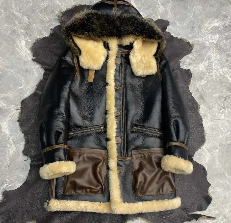 LNY!WholesalesWinter Classic B7 style real fur jacket.thick wool sheepskin coat.Long shearling wear.thick warm fur cloth plus