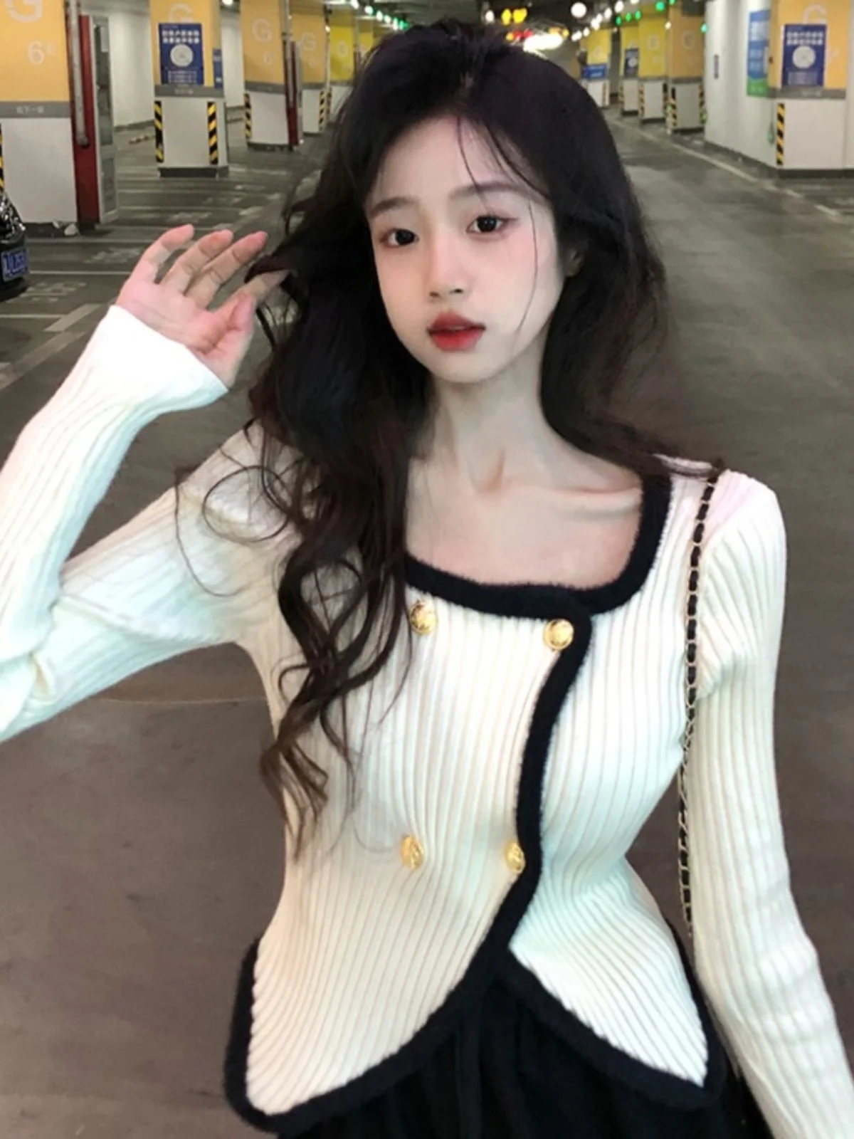 

Slim Fit ort Sve Knitted Sweater Women's Base Layer Color Blo Square Collar Long Sve Inner Wear Spring Autumn Top