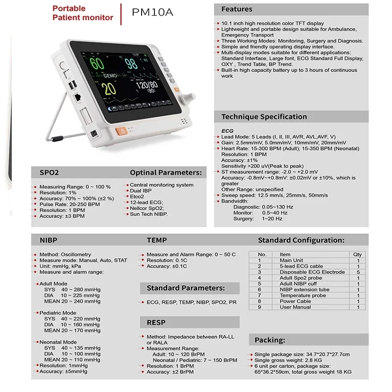 10 inch Human/Vet use portable 6-parameter monitor ECG/NIBP/PR/SPO2/RESP/TEMP patient monitor vital signs monitor