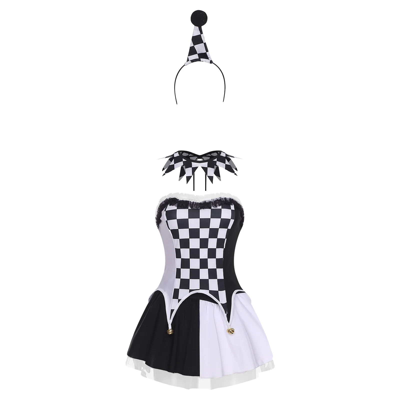 

Women Halloween Clown Dress-up Checkerboard Bells Top with Miniskirt Plaid Necklace And Headwear Evil Jester Cosplay Costume
