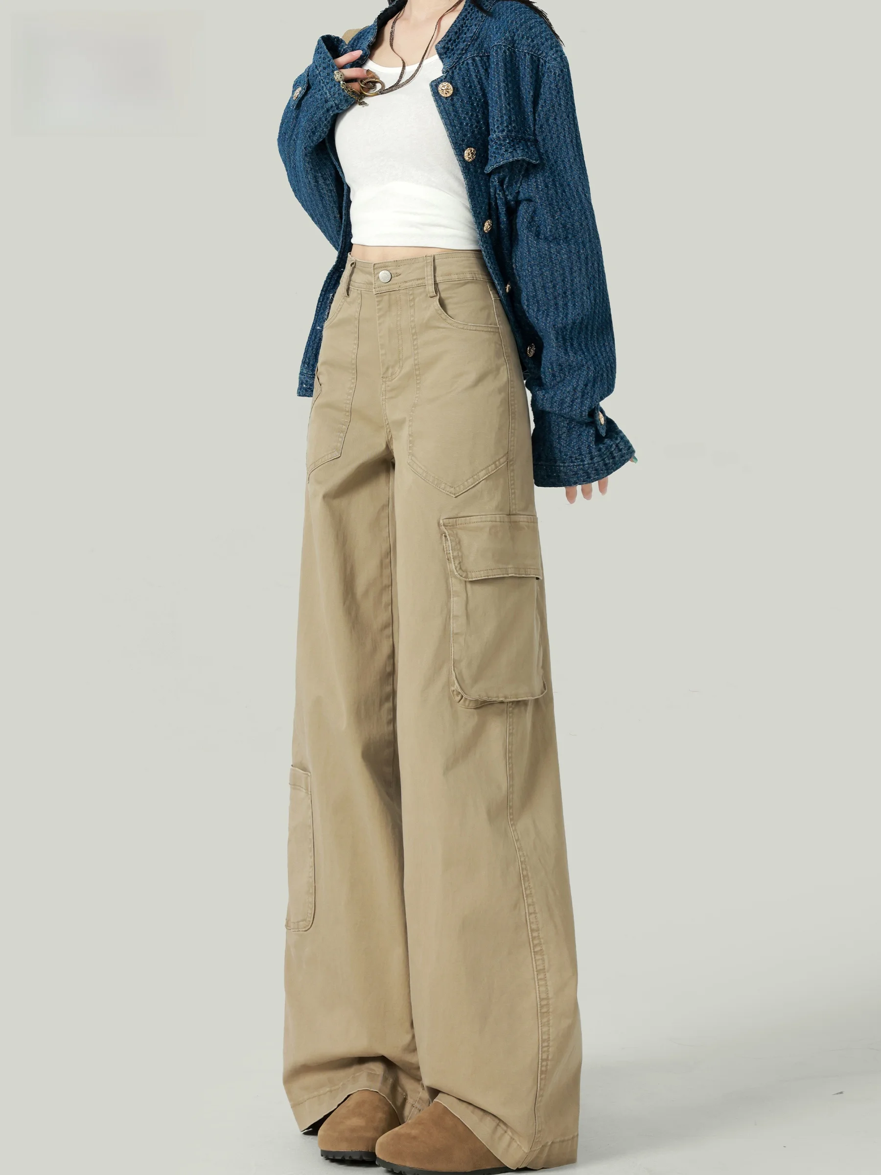 

Khaki American Style High Waist Workwear Jeans Women's Loose Slimming Floor-Length Pants Casual Wear Button Craft Denim Fabric