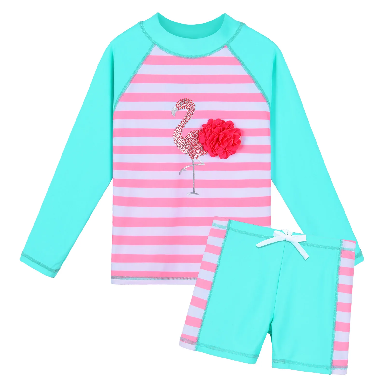 BAOHULU Traje de baño de dos piezas de manga larga para niñas, traje de baño con protección solar UPF 50+ a rayas de flamenco para niños de 3 a 12 años