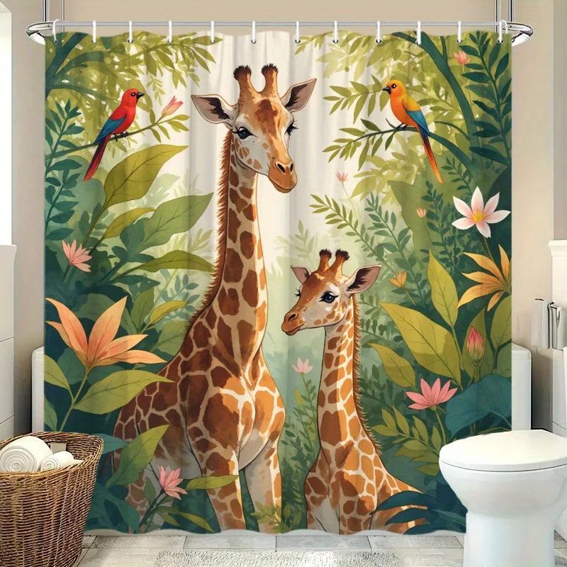 Giraffes in Jungle Scene Shower Curtain, Vibrant Wildlife Design, Lush Greenery and Exotic Flowers