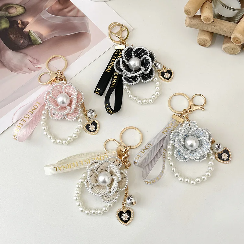 Boutique Pearl Chain Camellia Flower Weave Keychain Car Key Ring Bag Pendant Accessories Keyfob Women Girl Keyring Gift Jewelry