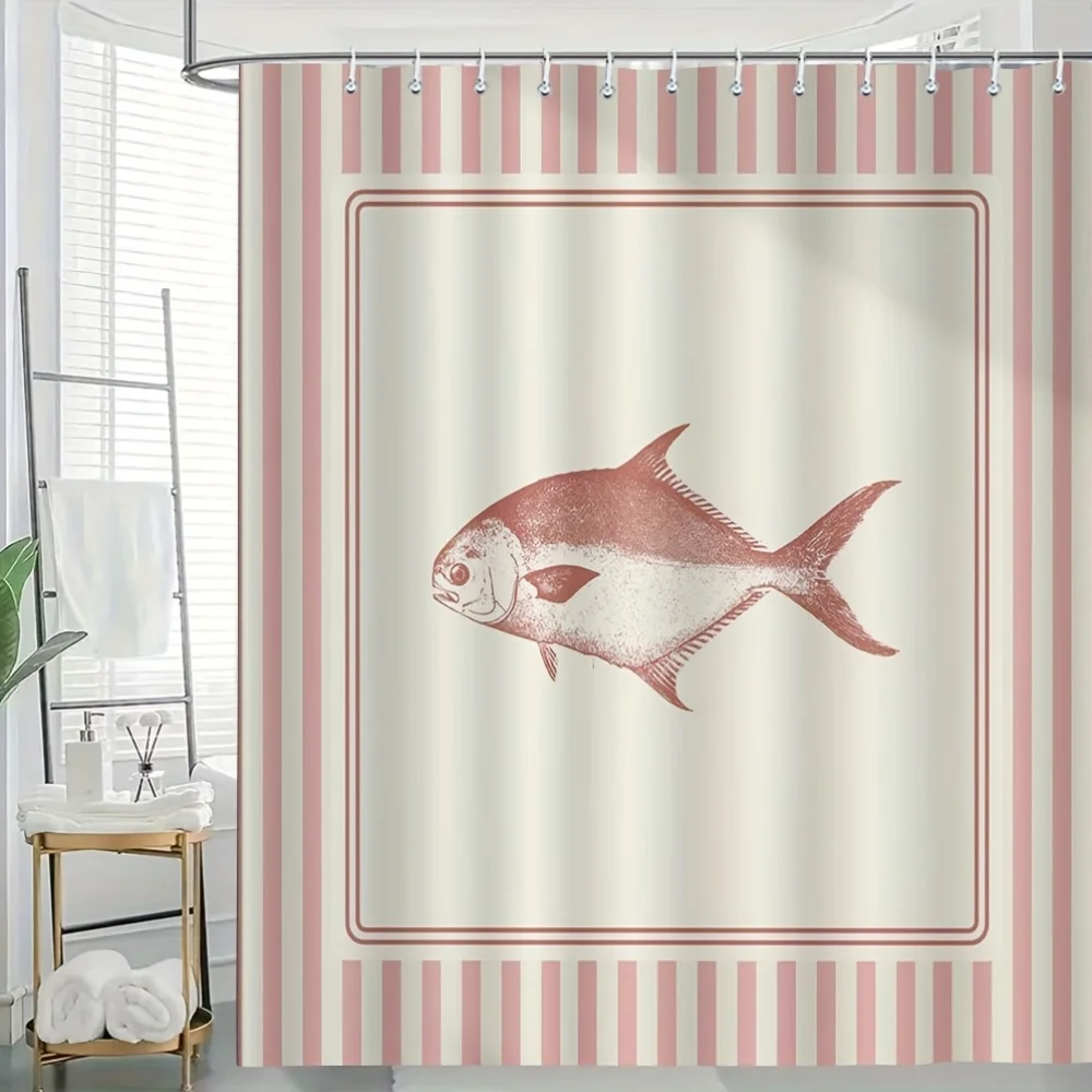 Shower Curtain Hooks  Cream Background Fish Illustration Dot Texture Rust Red Color Rectangular Frame Striped Border