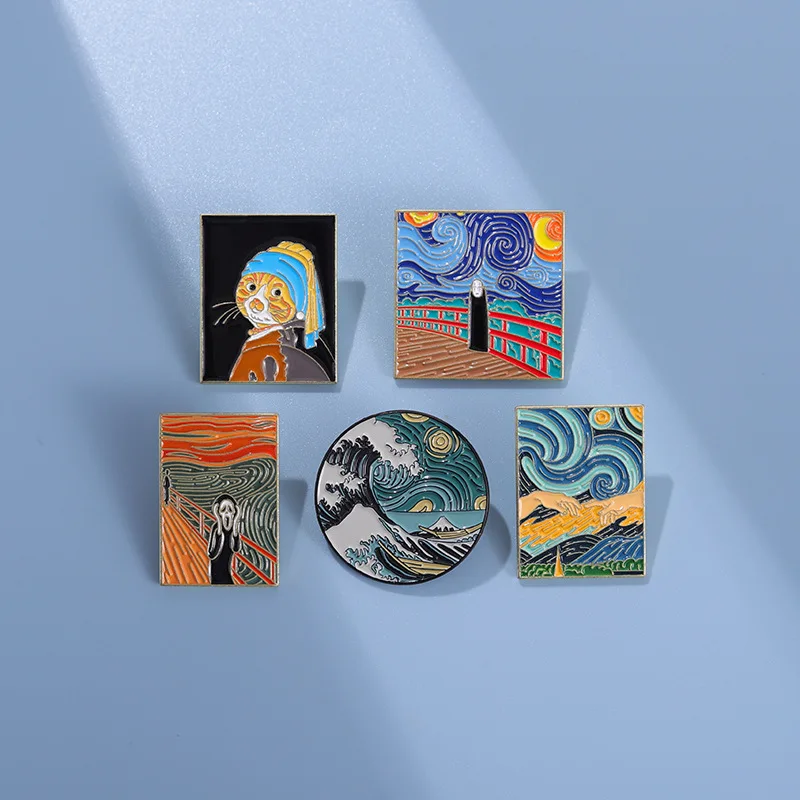 Fun Van Gogh Oil Painting Enamel Pins Custom Starry Night Scream No-face Man Wave Brooch Lapel Badge Art Jewelry