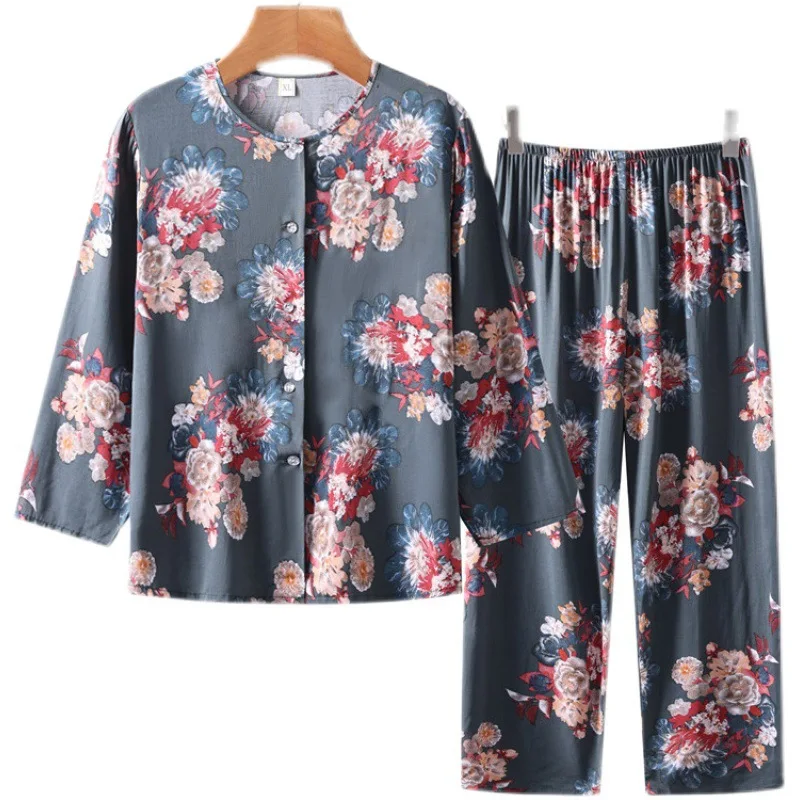 Middle Aged Mother Pajama Sets Spring Autumn Summer Long Sleeve Sleepwear Korea Fashion Trousers Sets Two-piece Suit Home Wear