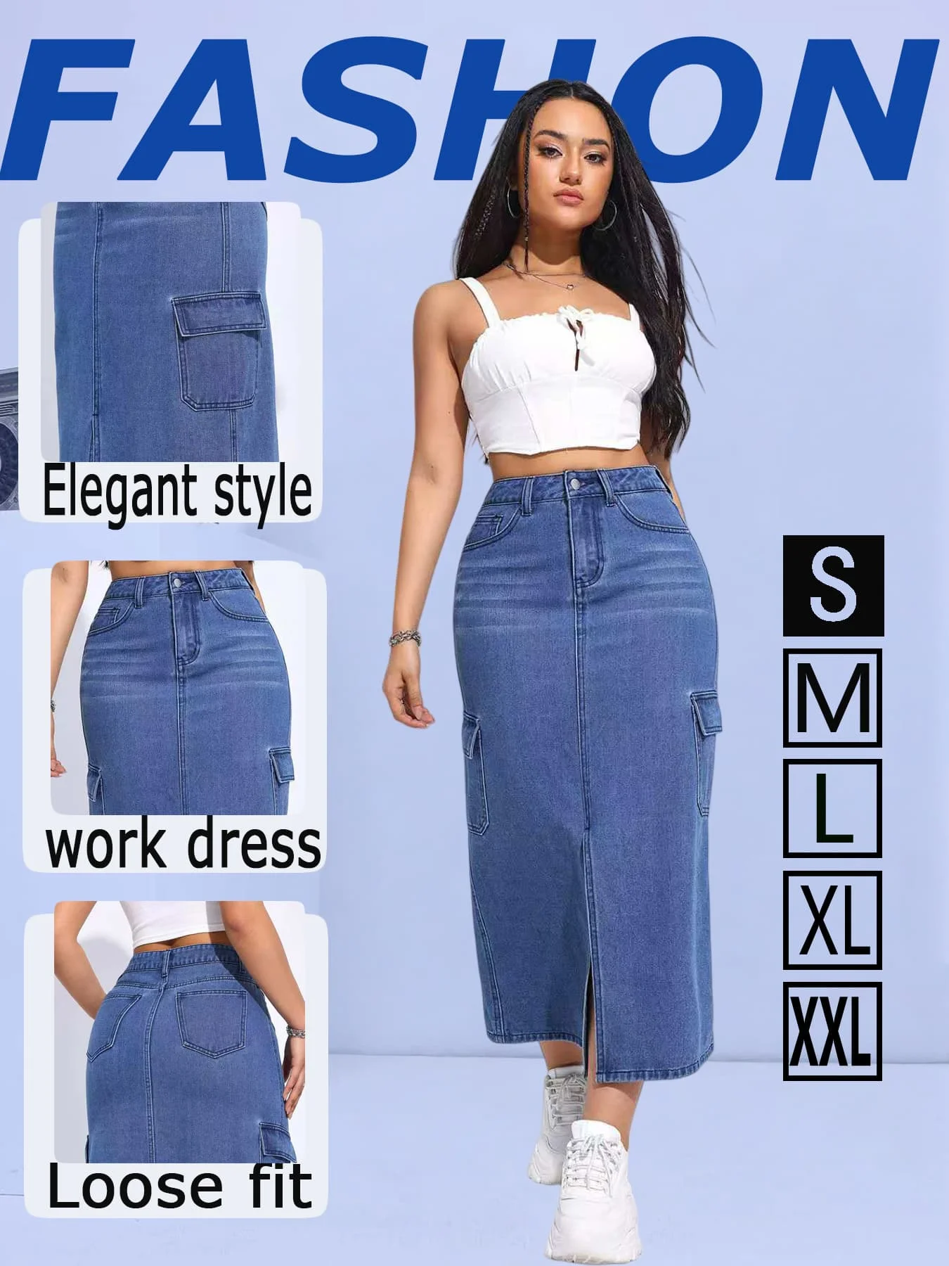 Cargo Multi Pocket High Waist Split Washed Slim Retro Trendy Casual Women's Midi Skirt