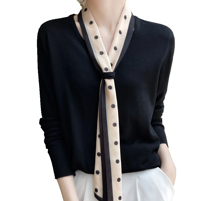 Polka Dot Ribbon Beautiful Long Sleeve Shoulder Wool Knitted T-shirt Bottoming Shirt Ladies Temperament Spring V-Neck Shirt