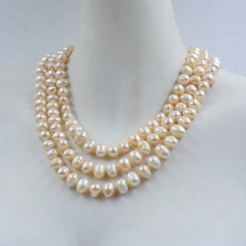 9-10MM 3 rows of natural pink freshwater cultured potato shape pearls. Glamour Women Party Banquet Wedding Classic Necklace