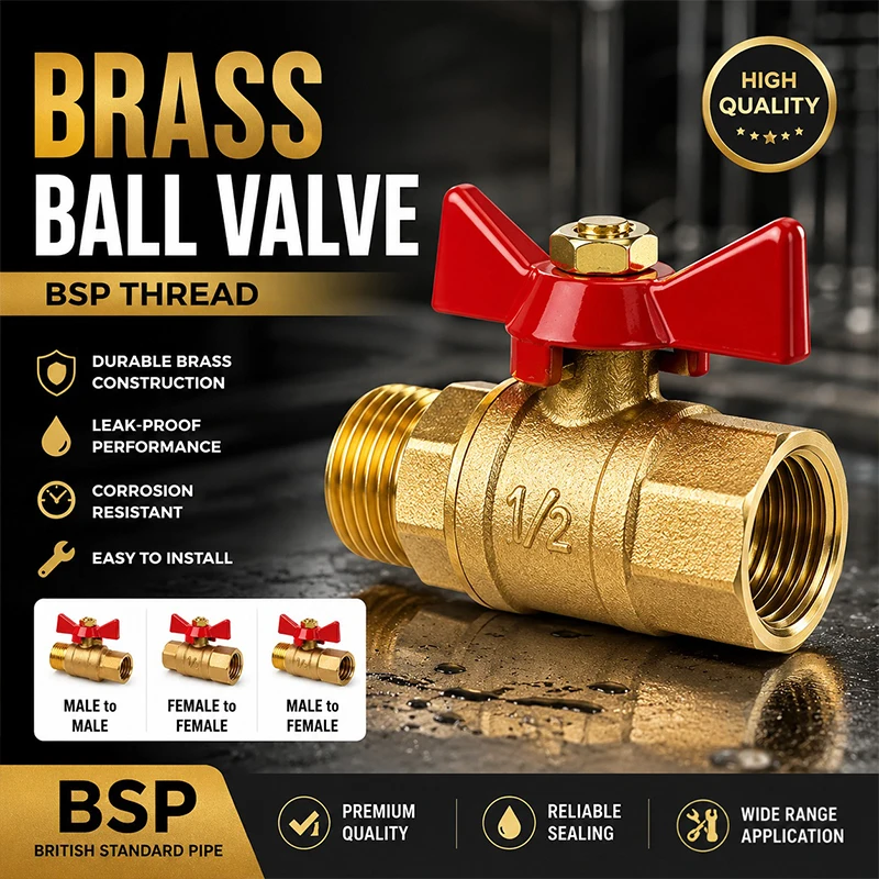 

BSP Brass Ball Valve 1/2 3/8 1/4 1/8 Inch Male Female Thread Equal Coupler Red Butterfly Handle Air Water Oil Shut Off Valves