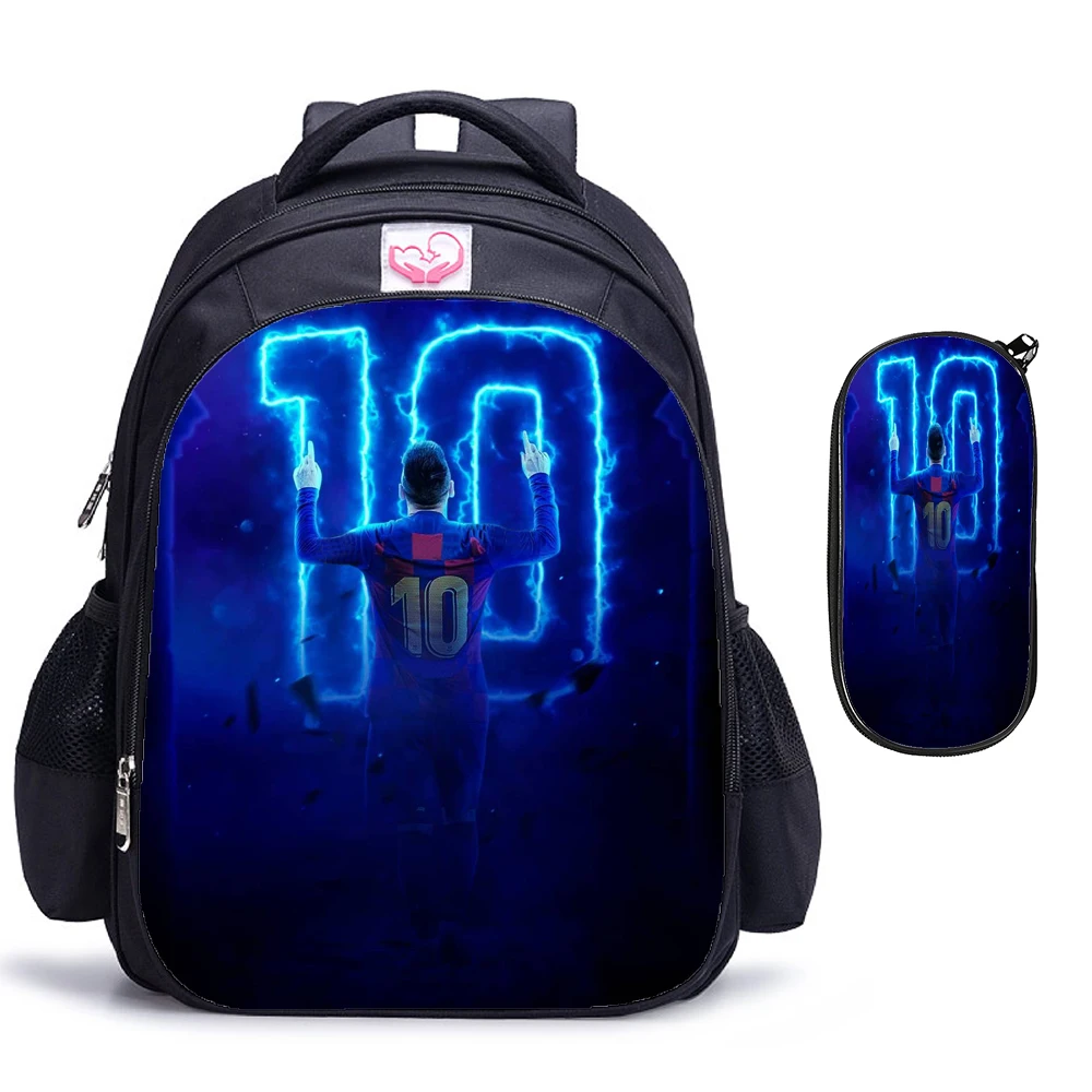 Mochila con estampado de estrellas de fútbol Messi para niños, morral escolar informal ligero de 16 pulgadas, mochila juvenil de dibujos animados de